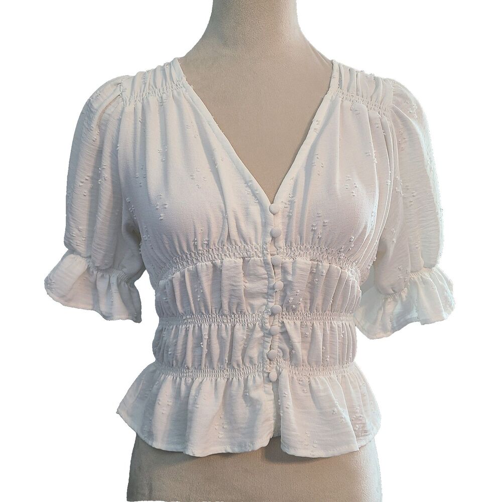 Urban Romantics White Swiss Dot Peplum Top Sz M Puff Sleeve Romantic Cottagecore